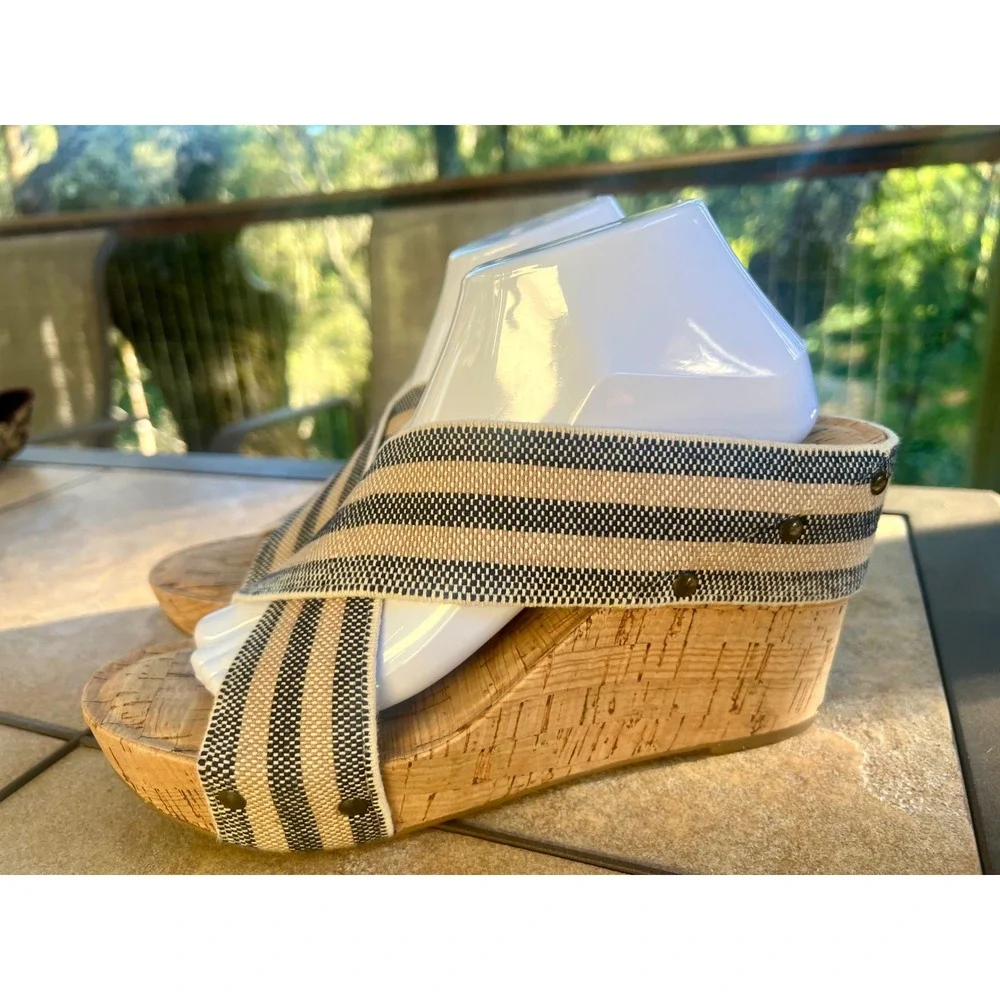Lucky Brand Womens Striped Elastic Cork Wedge Sandals Navy Tan Studded Slides
